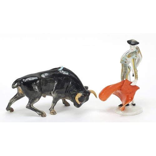 395 - Rosenthal porcelain bull and bullfighter, the largest 20cm in length