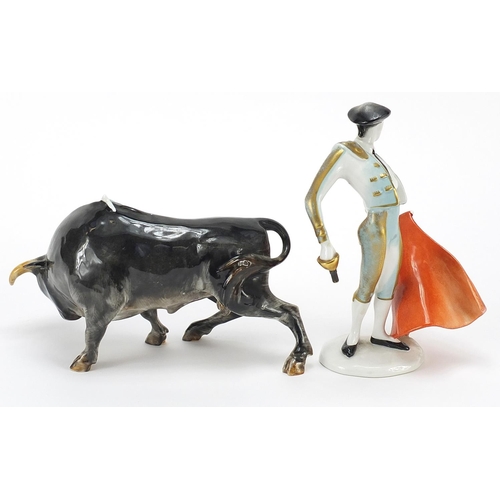 395 - Rosenthal porcelain bull and bullfighter, the largest 20cm in length