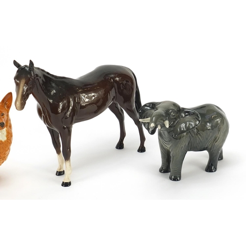 585 - Four Beswick animals comprising horse, pheasant, Corgi and elephant, the largest 25cm in length