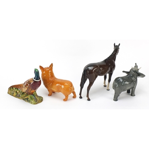 585 - Four Beswick animals comprising horse, pheasant, Corgi and elephant, the largest 25cm in length