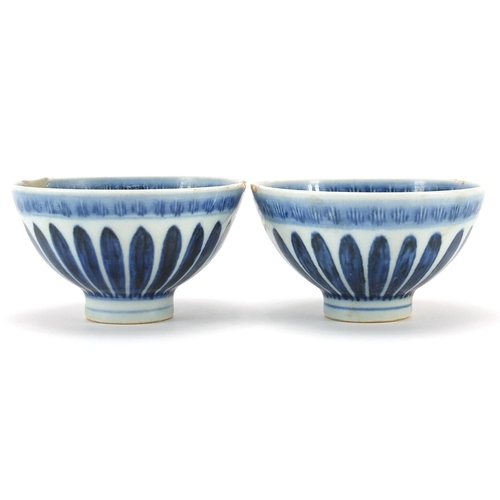 304 - Pair of Chinese blue and white porcelain bowls hand painted with flowers, four figure character mark... 