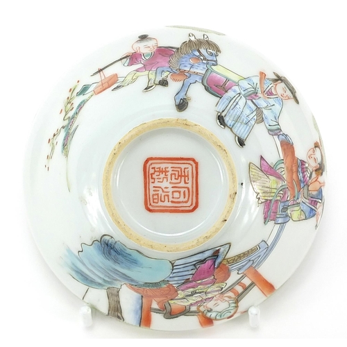 450 - Chinese porcelain bowl hand painted in the famille rose palette with figures in a palace setting, fo... 