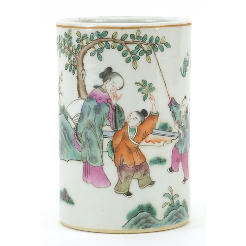 596 - Chinese porcelain brush pot hand painted in the famille rose palette with children playing, characte... 