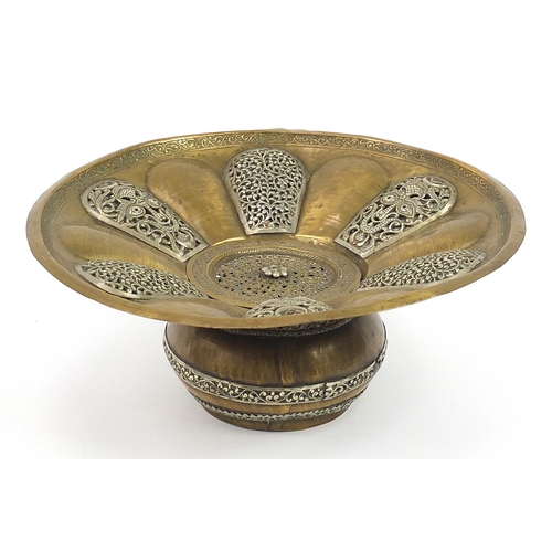 163 - Islamic bronze incense burner with silver overlay and pierced lid, 31cm in diameter