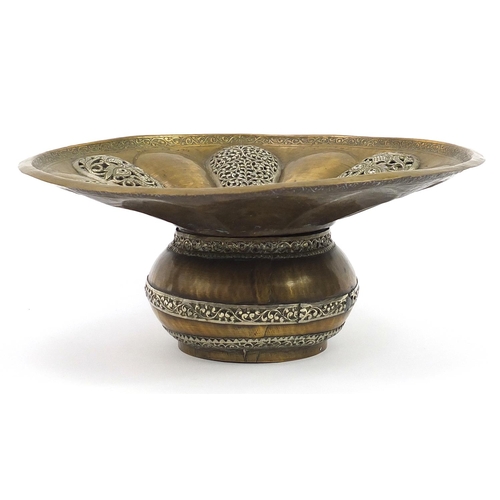 163 - Islamic bronze incense burner with silver overlay and pierced lid, 31cm in diameter