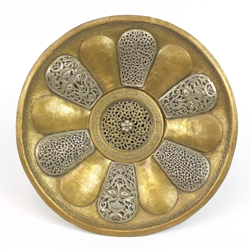 163 - Islamic bronze incense burner with silver overlay and pierced lid, 31cm in diameter