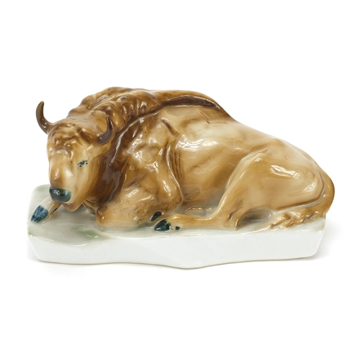 394 - Zsolnay Pecs, Hungarian porcelain recumbent bison, 20cm in length