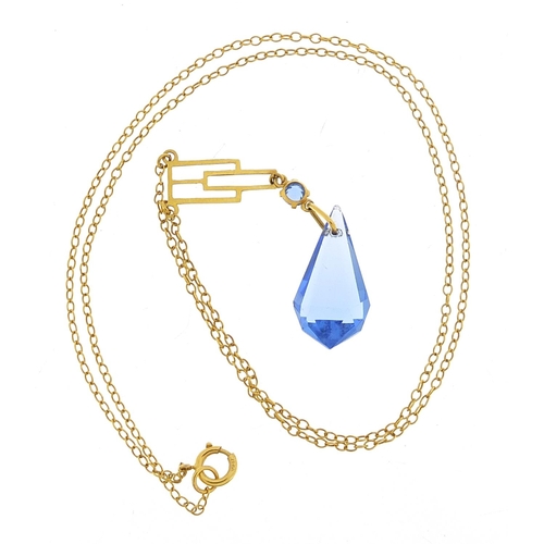 972 - Art Deco 9ct gold blue crystal necklace, 38cm in length, 2.1g