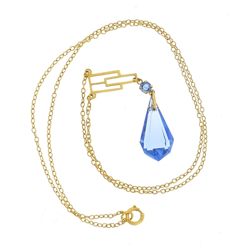 972 - Art Deco 9ct gold blue crystal necklace, 38cm in length, 2.1g