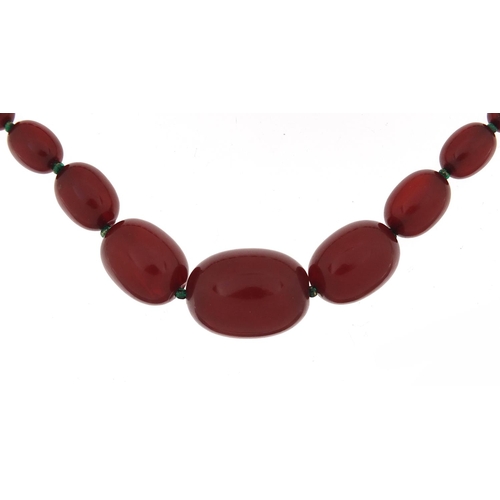 931 - Cherry amber coloured graduated bead necklace, the largest bead 2.8cm in length, the necklace 51cm i... 