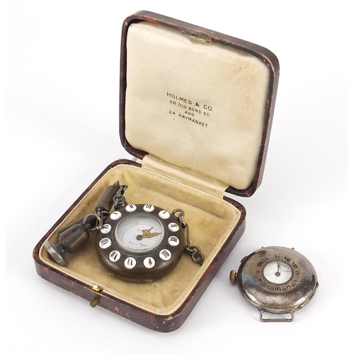 955 - Gentlemen's silver military interest wristwatch and antique pocket watch with vulcanite case, the di... 