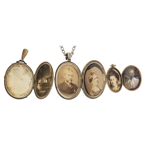 940 - Three lockets including a black enamel mourning locket and Victorian silver locket, the largest 6cm ... 