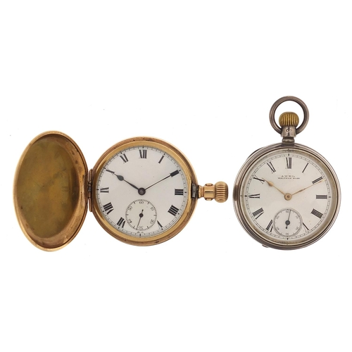 920 - Gentlemen's silver Waltham open face pocket watch and a gold plated full hunter pocket watch, the la... 