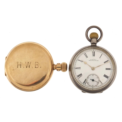 920 - Gentlemen's silver Waltham open face pocket watch and a gold plated full hunter pocket watch, the la... 