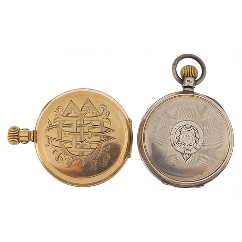 920 - Gentlemen's silver Waltham open face pocket watch and a gold plated full hunter pocket watch, the la... 