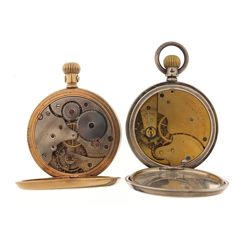 920 - Gentlemen's silver Waltham open face pocket watch and a gold plated full hunter pocket watch, the la... 