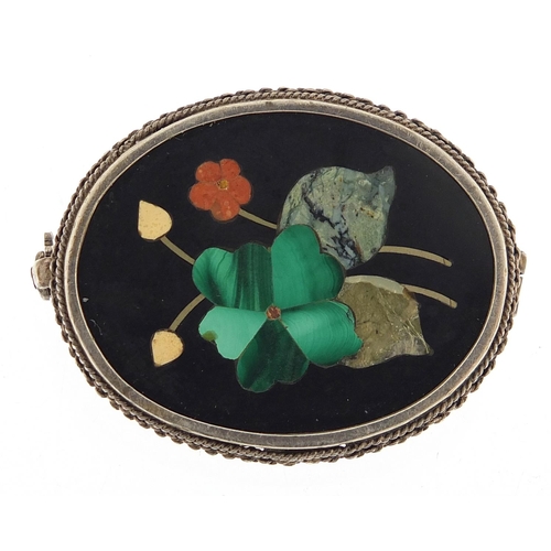 947 - 800 silver mounted pietra dura brooch, 3.8cm wide, 10.5g