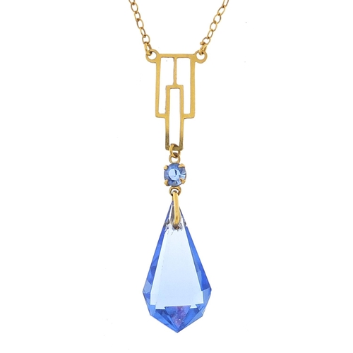 972 - Art Deco 9ct gold blue crystal necklace, 38cm in length, 2.1g