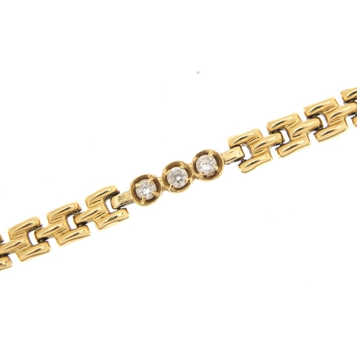 644 - Gold bracelet set with clear stones, indistinct marks to the clasp, (tests as 9ct gold) 21cm in leng... 