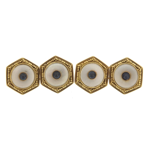 641 - Pair of 14ct gold, mother of pearl and blue sapphire cufflinks, 1.4cm wide, 7.8g