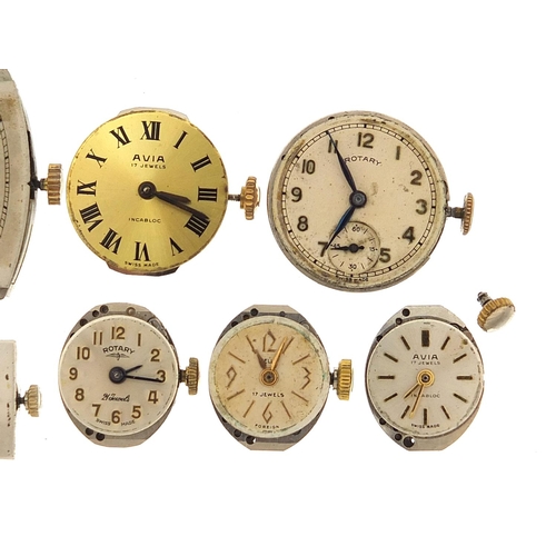 971 - Ladies wristwatch movements and crystals including Rotary, Avia and Rolco, the largest 25mm high