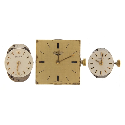 970 - Longines wristwatch movement and two ladies Eterna wristwatch movements, the largest 23mm wide