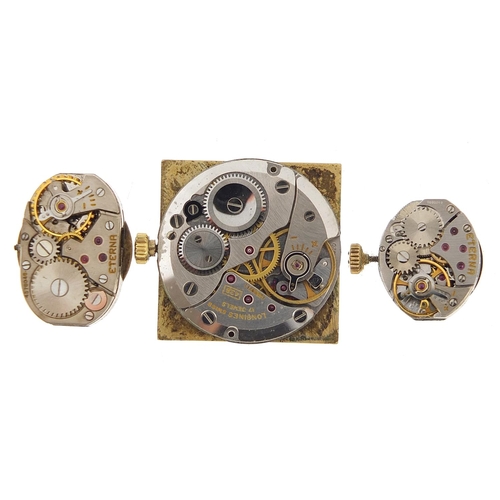 970 - Longines wristwatch movement and two ladies Eterna wristwatch movements, the largest 23mm wide