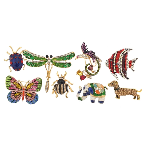 932 - Eight jewelled and enamel animal and insect brooches including dragonfly, bird of paradise, butterfl... 