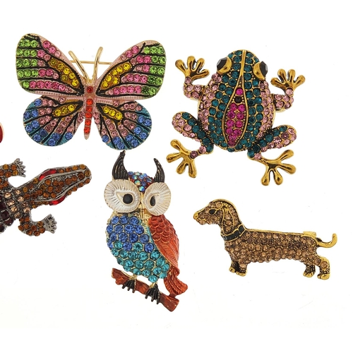 954 - Seven jewelled and enamel animal and insect brooches including a bird with simulated pearl and artic... 