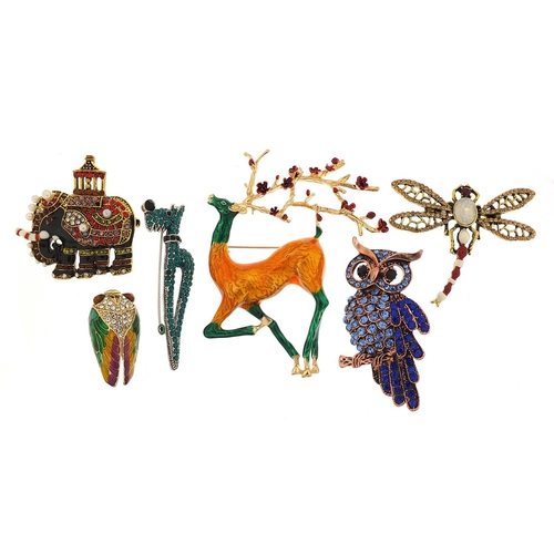 938 - Six jewelled and enamel animal and insect brooches including stag, Indian elephant, stylised dog and... 