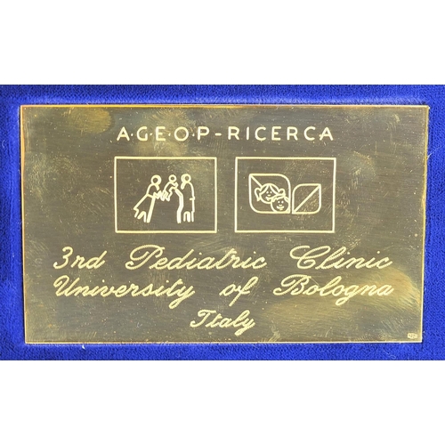 647 - 18ct gold Third Paediatric Clinic University of Bologna Italy plaque with fitted case, 10cm x 6cm, 3... 