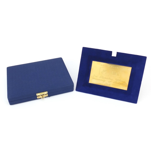 647 - 18ct gold Third Paediatric Clinic University of Bologna Italy plaque with fitted case, 10cm x 6cm, 3... 