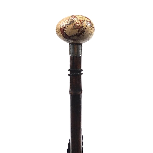 500 - Victorian Brigg bamboo parasol with silver collar and marble egg design pommel, 91cm in length