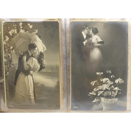 367 - Edwardian and later postcards arranged in two albums including topographical, greetings and street s... 