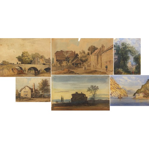 1050 - Landscapes, cottages and figures, six 19th century and later watercolours including one inscribed La... 