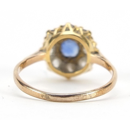 646 - Unmarked gold diamond and sapphire cluster ring, size S, 2.9g