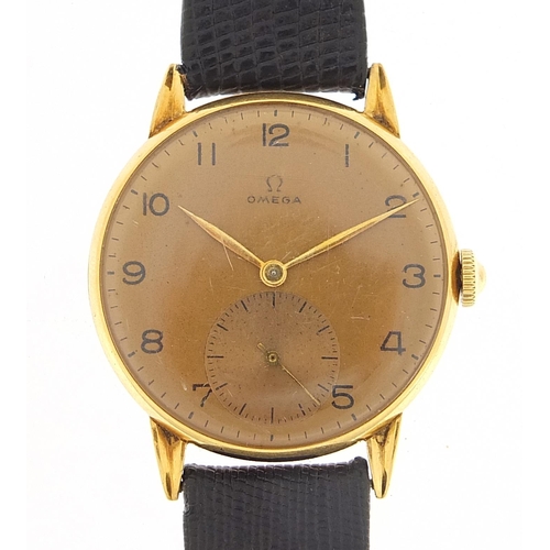 645 - Omega, vintage gentlemen's 18ct gold manual wind wristwatch, the movement numbered 10648310, 34mm in... 