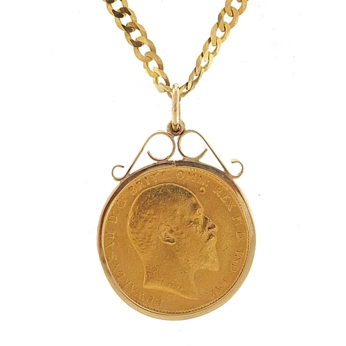 638 - Edward VII 1905 gold sovereign with 9ct gold pendant mount and 9ct gold curb link necklace, 60cm in ... 