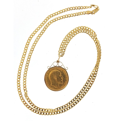 638 - Edward VII 1905 gold sovereign with 9ct gold pendant mount and 9ct gold curb link necklace, 60cm in ... 