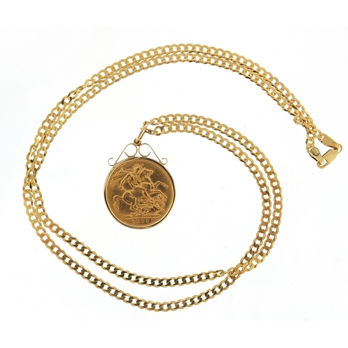 638 - Edward VII 1905 gold sovereign with 9ct gold pendant mount and 9ct gold curb link necklace, 60cm in ... 