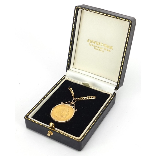 638 - Edward VII 1905 gold sovereign with 9ct gold pendant mount and 9ct gold curb link necklace, 60cm in ... 