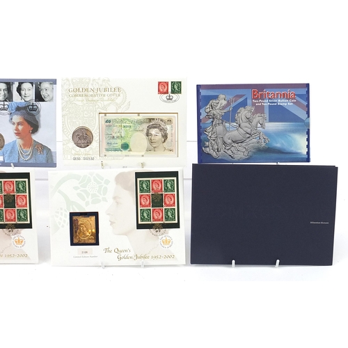 548 - Commemorative covers and coins including Britannia two pound Silver Bullion coin and ten pound stamp... 