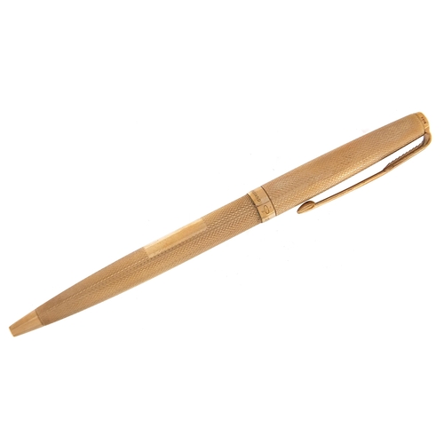 414 - Parker 9ct gold ballpoint pen with engine turned body, 18.3g