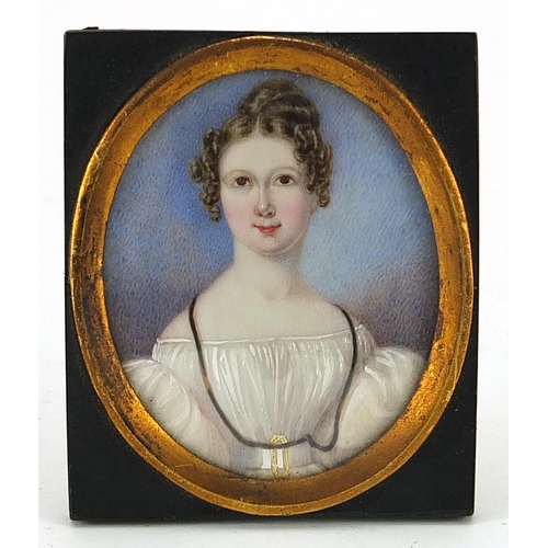 281 - Early 19th century oval hand painted portrait miniature of a female wearing a white dress housed in ... 