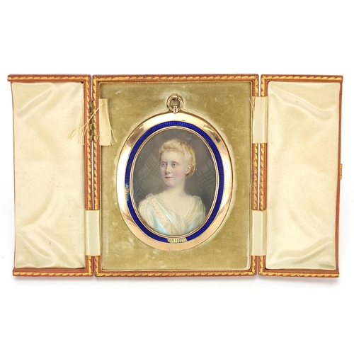 283 - 19th century oval hand painted portrait miniature of a female, housed in an unmarked gold mourning p... 