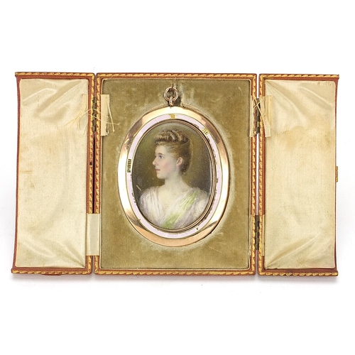 282 - 19th century oval hand painted portrait miniature of a female, housed in an unmarked gold mourning p... 