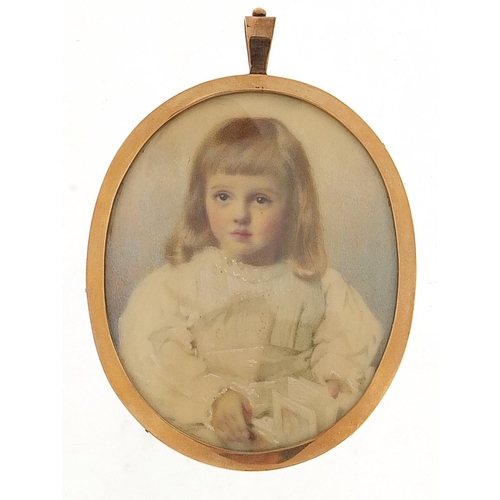 284 - 19th century oval portrait miniature of a female, housed in an unmarked gold mourning pendant mount ... 