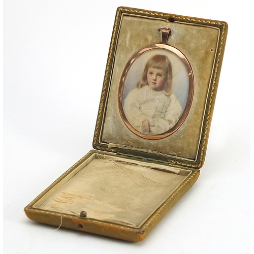 284 - 19th century oval portrait miniature of a female, housed in an unmarked gold mourning pendant mount ... 