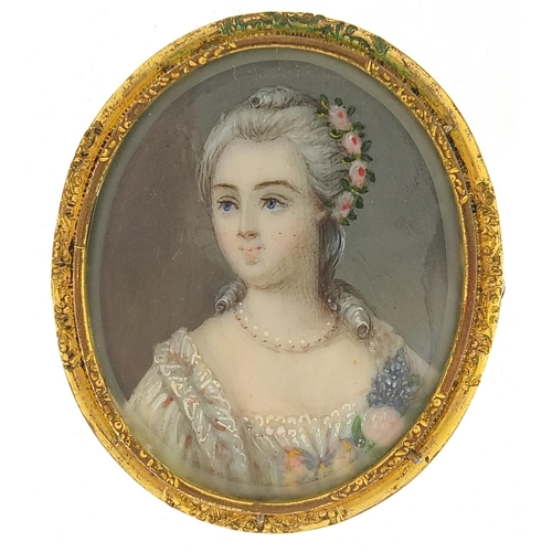 286 - 19th century oval portrait miniature of a female wearing a white dress and pearl necklace, housed in... 