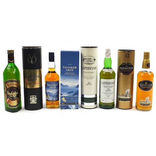 434 - Three bottles of whiskey comprising Glenfiddich, Glengoyne, Talisker Skye and Laphroaig